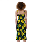 Drawing Daffodil Flower Pattern Print Slim Fit Midi Cami Dress