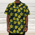 Drawing Daffodil Flower Pattern Print Textured Short Sleeve Shirt
