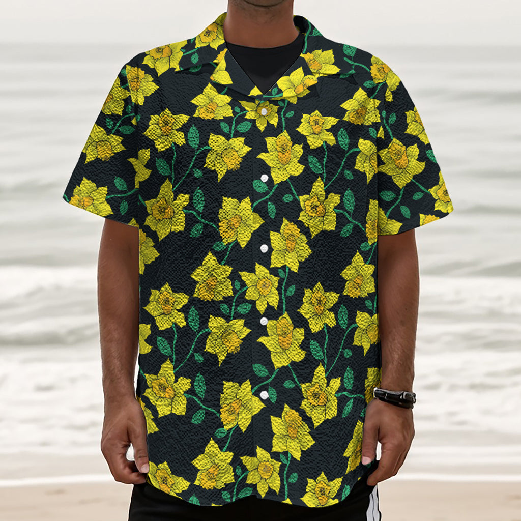 Drawing Daffodil Flower Pattern Print Textured Short Sleeve Shirt