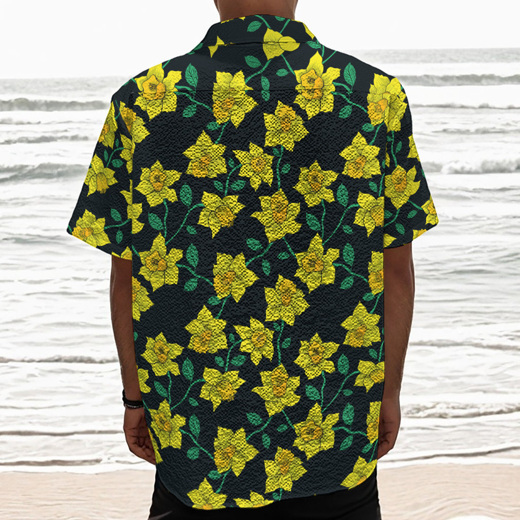 Drawing Daffodil Flower Pattern Print Textured Short Sleeve Shirt