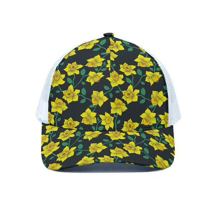 Drawing Daffodil Flower Pattern Print White Mesh Trucker Cap
