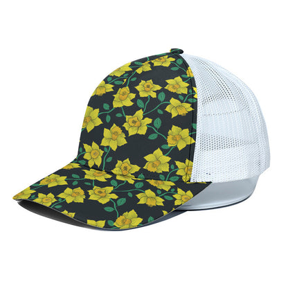 Drawing Daffodil Flower Pattern Print White Mesh Trucker Cap