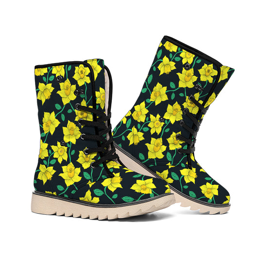 Drawing Daffodil Flower Pattern Print Winter Boots