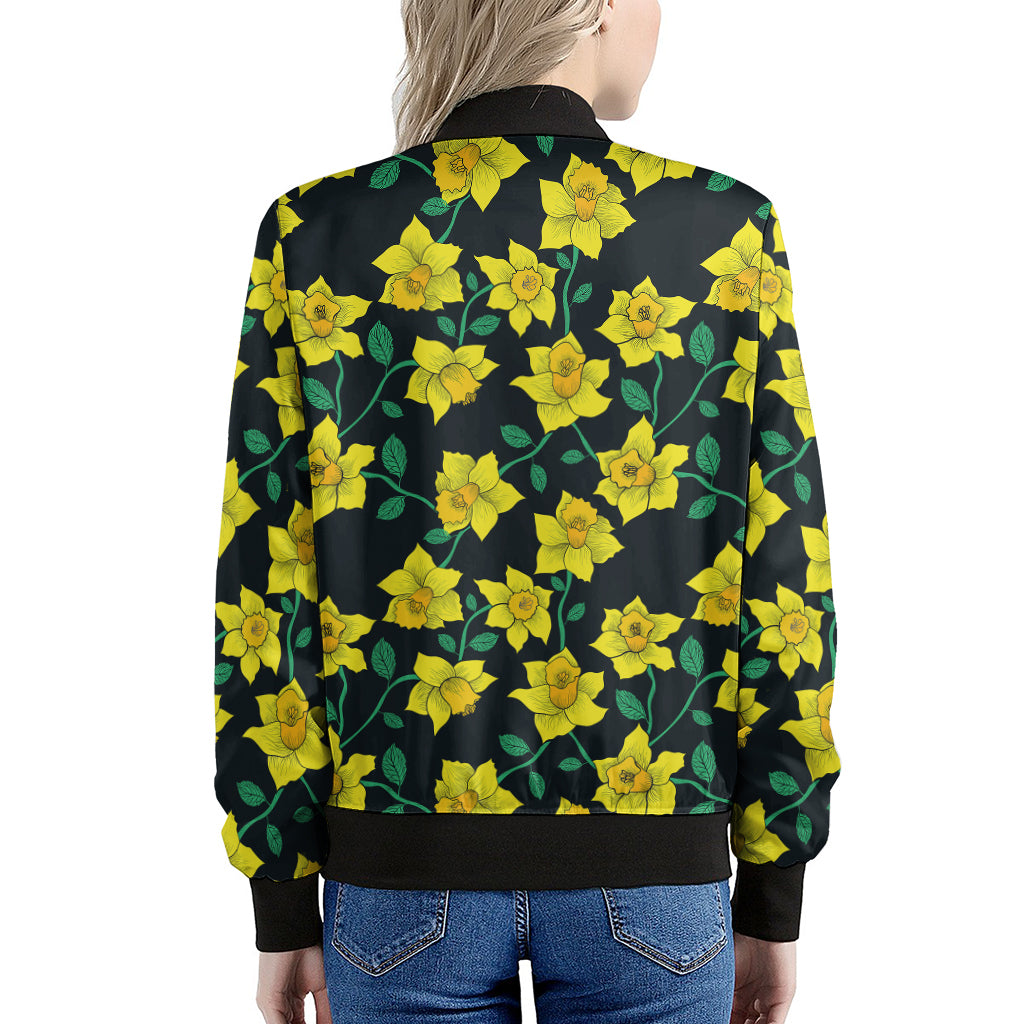 Drawing Daffodil Flower Pattern Print Women's Bomber Jacket