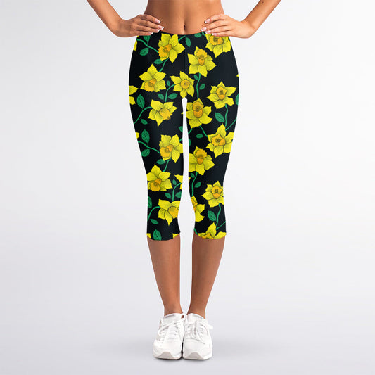 Drawing Daffodil Flower Pattern Print Women's Capri Leggings