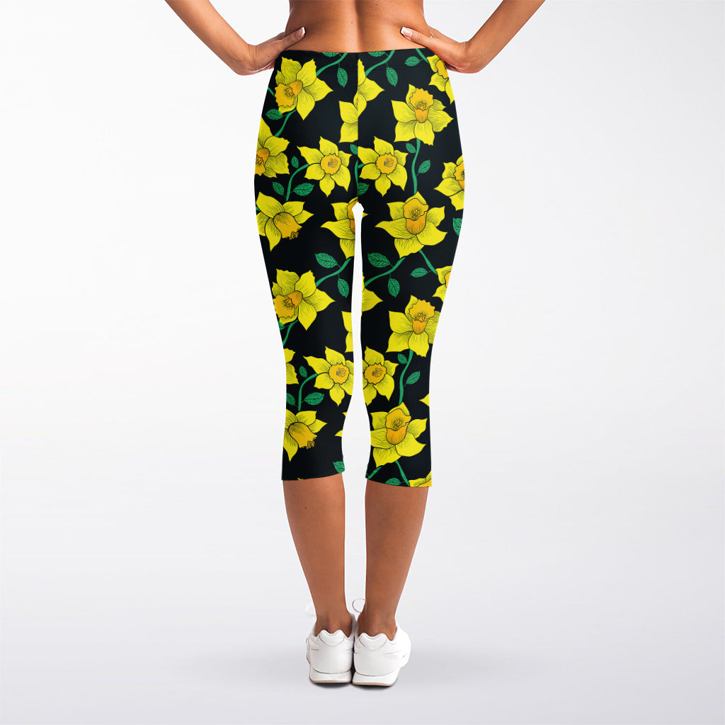 Drawing Daffodil Flower Pattern Print Women's Capri Leggings