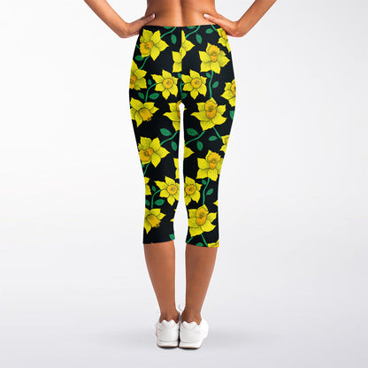 Drawing Daffodil Flower Pattern Print Women's Capri Leggings
