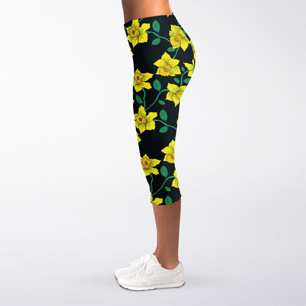 Drawing Daffodil Flower Pattern Print Women's Capri Leggings