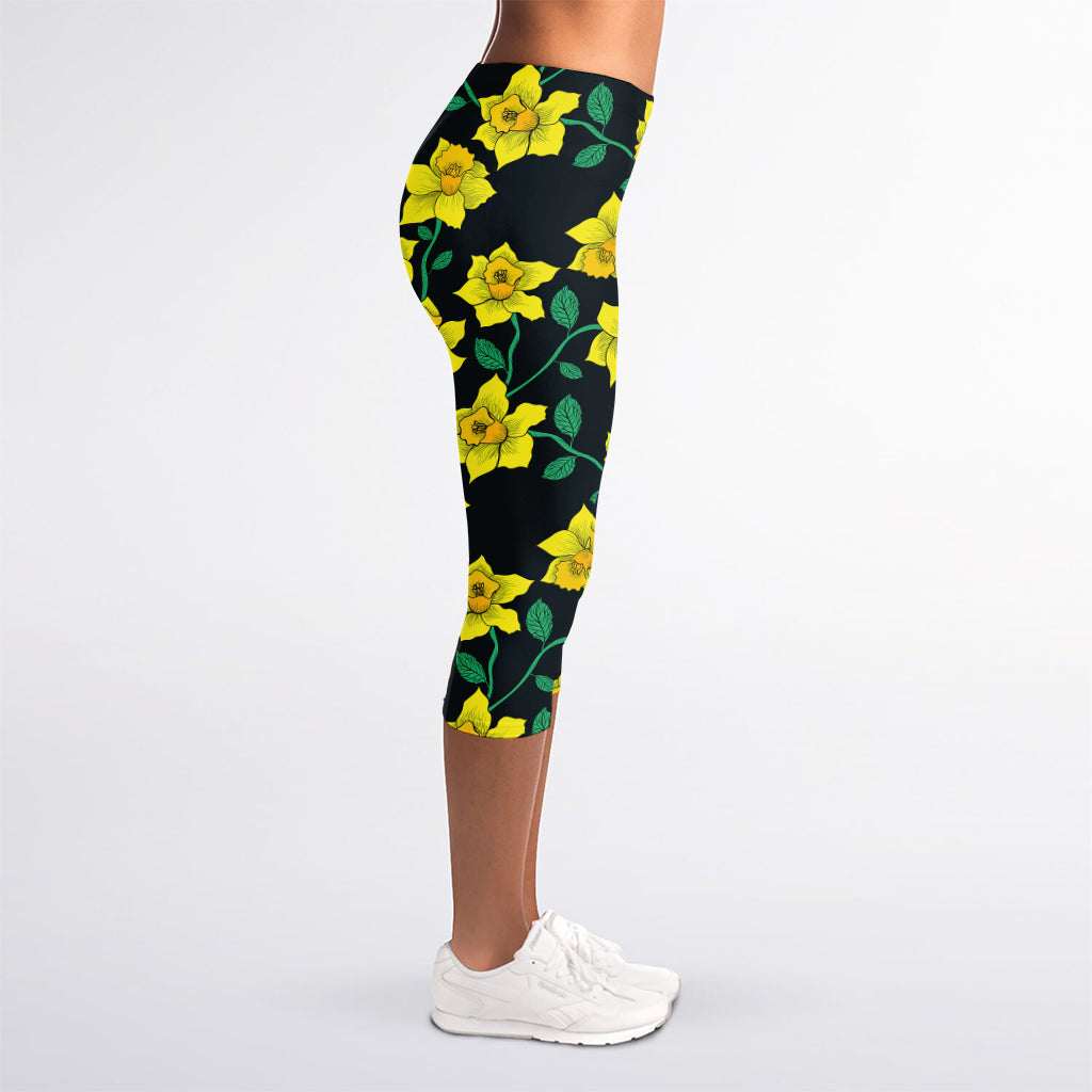 Drawing Daffodil Flower Pattern Print Women's Capri Leggings