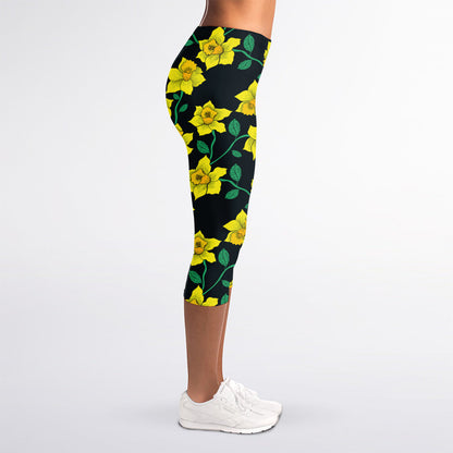 Drawing Daffodil Flower Pattern Print Women's Capri Leggings