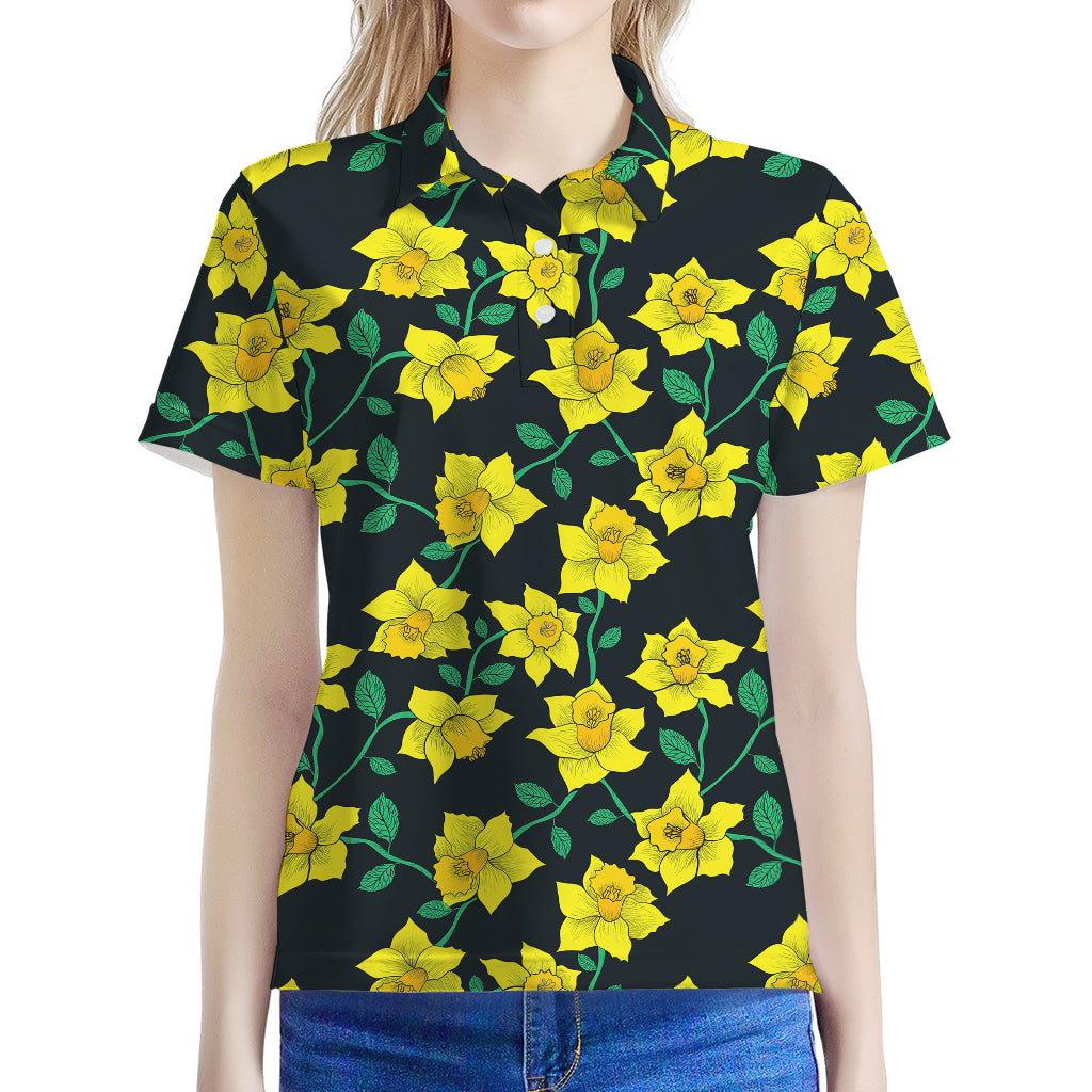 Drawing Daffodil Flower Pattern Print Women's Polo Shirt