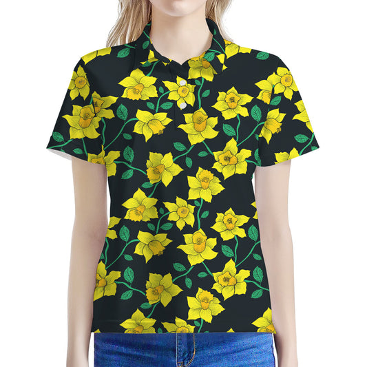 Drawing Daffodil Flower Pattern Print Women's Polo Shirt