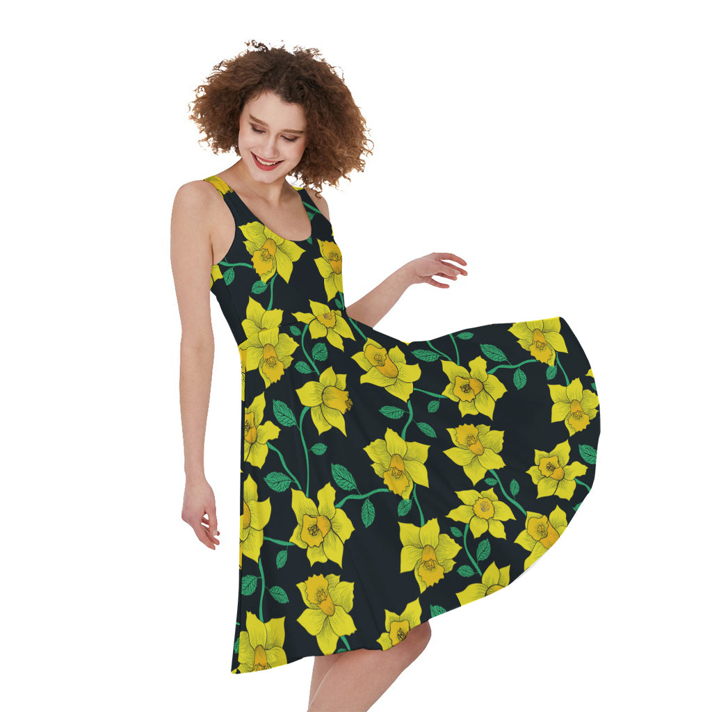 Drawing Daffodil Flower Pattern Print Women's Sleeveless Dress