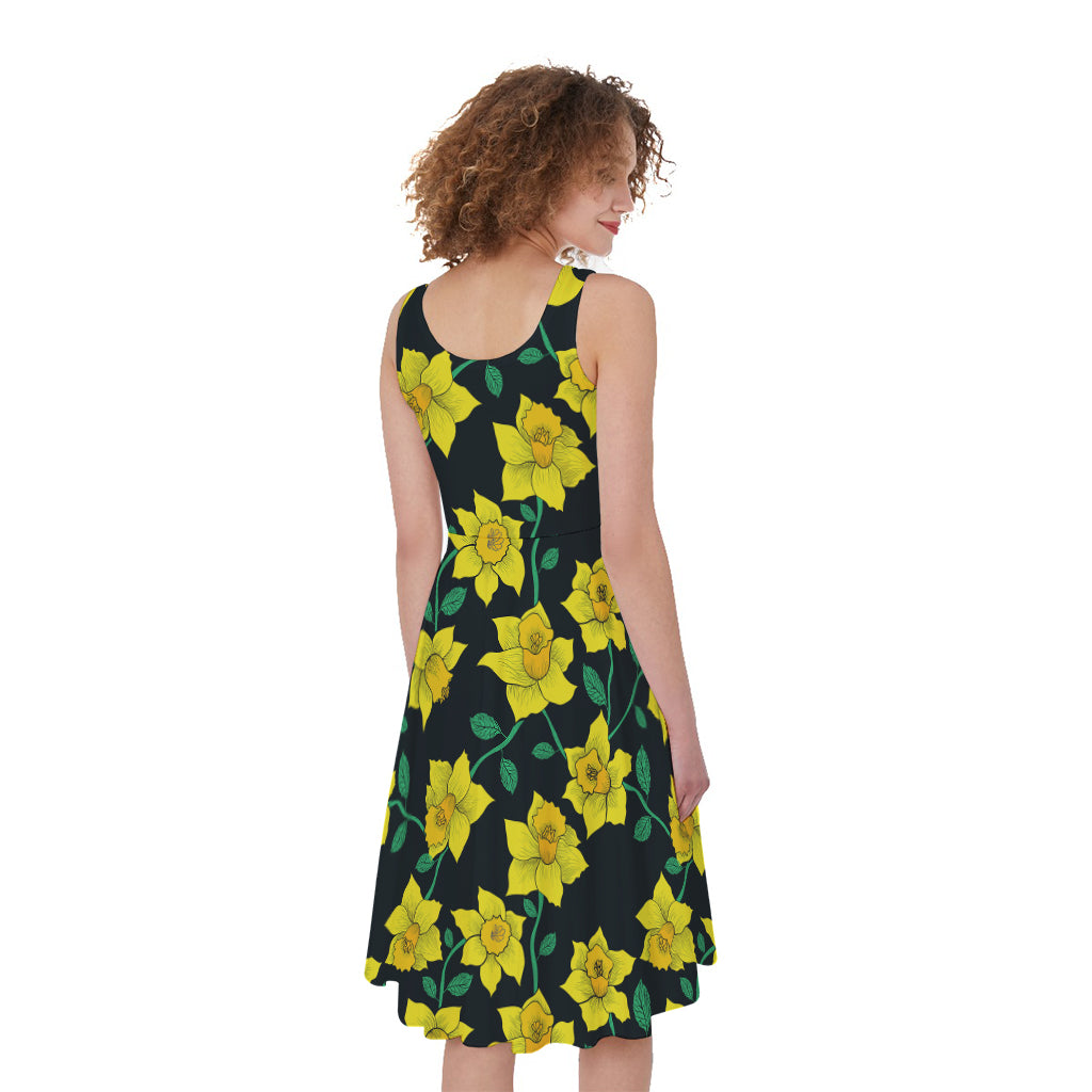 Drawing Daffodil Flower Pattern Print Women's Sleeveless Dress
