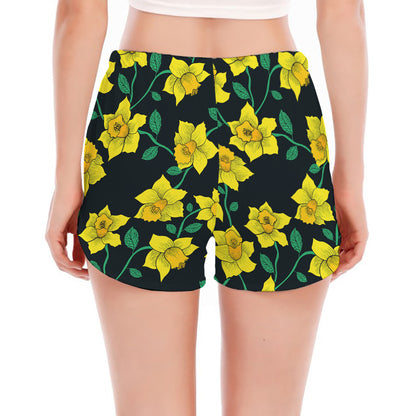 Drawing Daffodil Flower Pattern Print Women's Split Running Shorts