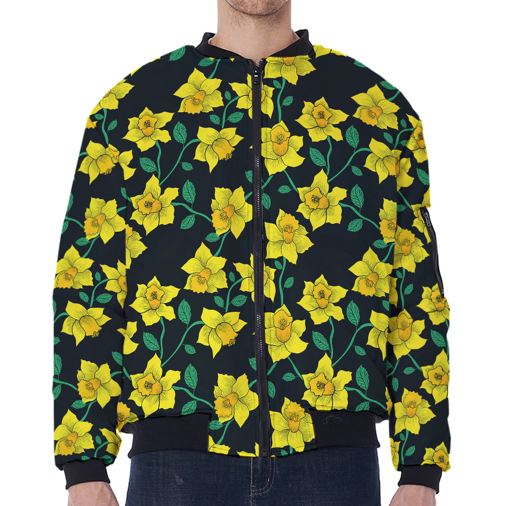 Drawing Daffodil Flower Pattern Print Zip Sleeve Bomber Jacket