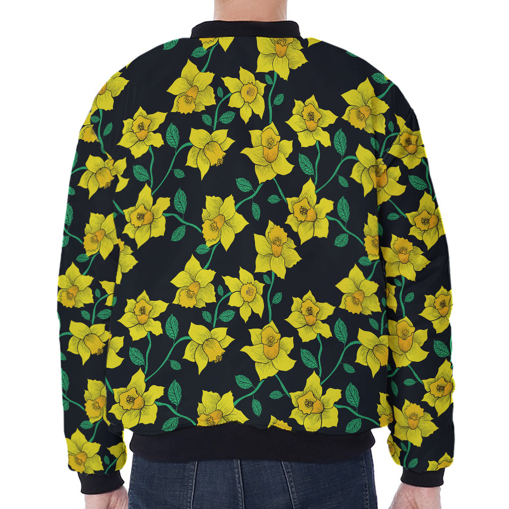Drawing Daffodil Flower Pattern Print Zip Sleeve Bomber Jacket