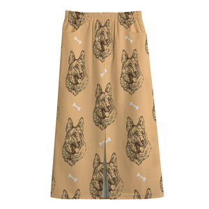 Drawing German Shepherd Pattern Print Cotton Front Slit Maxi Skirt