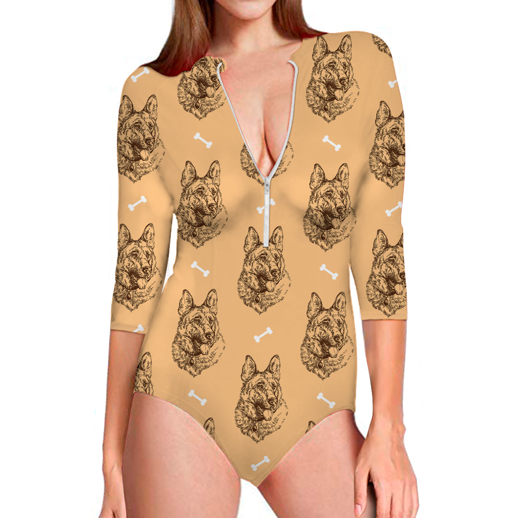 Drawing German Shepherd Pattern Print Long Sleeve Swimsuit