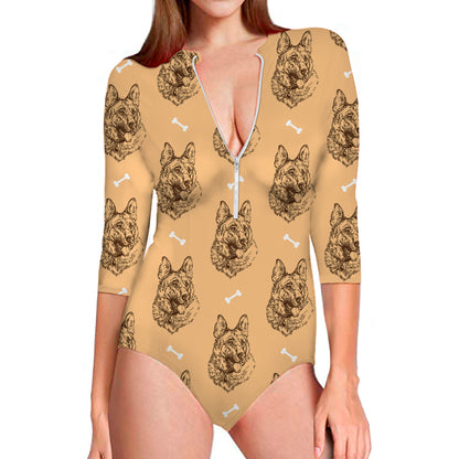 Drawing German Shepherd Pattern Print Long Sleeve Swimsuit