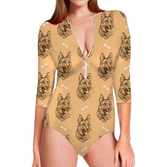 Drawing German Shepherd Pattern Print Long Sleeve Swimsuit