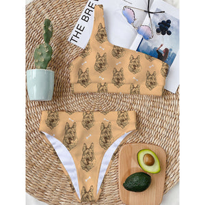 Drawing German Shepherd Pattern Print One Shoulder Bikini Top