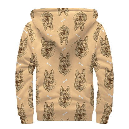 Drawing German Shepherd Pattern Print Sherpa Lined Zip Up Hoodie