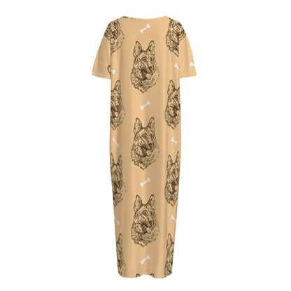 Drawing German Shepherd Pattern Print Short Sleeve Long Nightdress