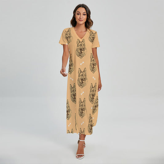 Drawing German Shepherd Pattern Print Short Sleeve Maxi Dress