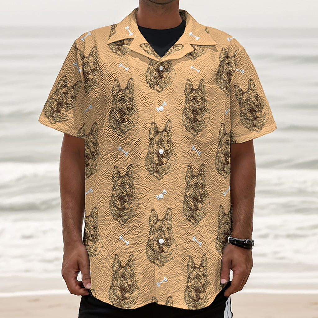 Drawing German Shepherd Pattern Print Textured Short Sleeve Shirt