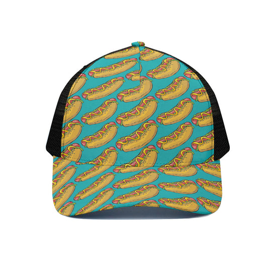 Drawing Hot Dog Pattern Print Black Mesh Trucker Cap