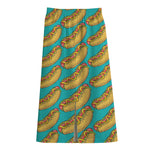 Drawing Hot Dog Pattern Print Cotton Front Slit Maxi Skirt