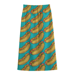 Drawing Hot Dog Pattern Print Cotton Front Slit Maxi Skirt