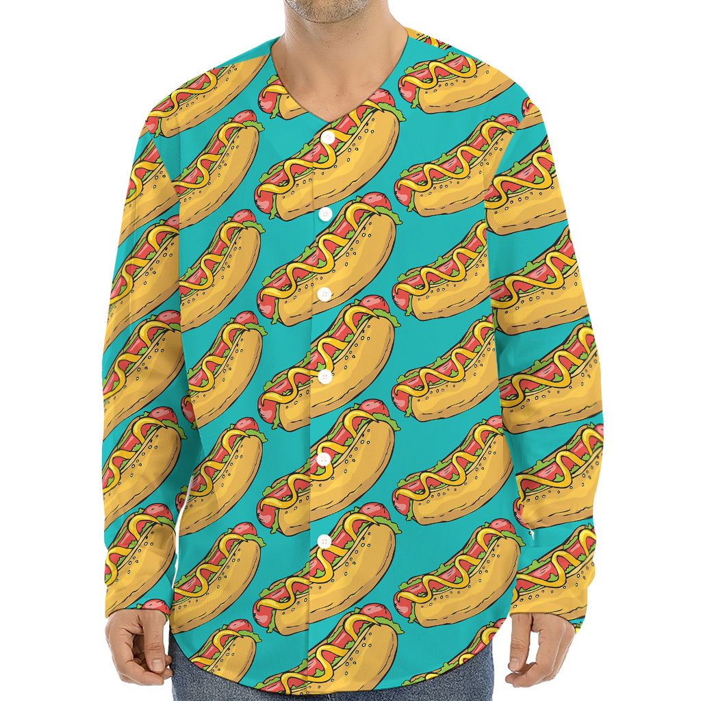 Drawing Hot Dog Pattern Print Long Sleeve Baseball Jersey