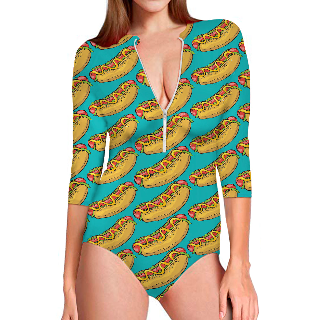 Drawing Hot Dog Pattern Print Long Sleeve Swimsuit