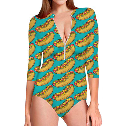 Drawing Hot Dog Pattern Print Long Sleeve Swimsuit