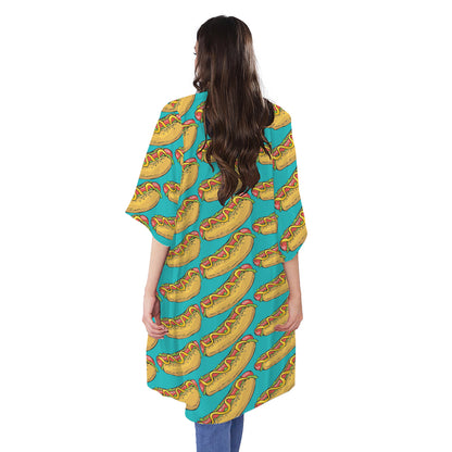 Drawing Hot Dog Pattern Print Open Front Beach Cover Up