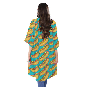 Drawing Hot Dog Pattern Print Open Front Beach Cover Up