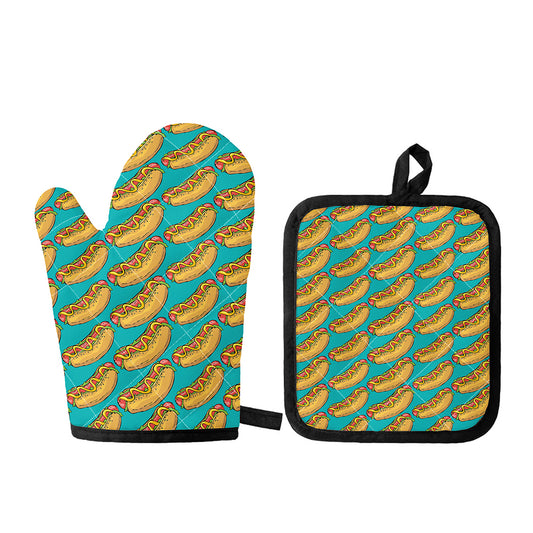 Drawing Hot Dog Pattern Print Oven Mitt And Pot Holder Set