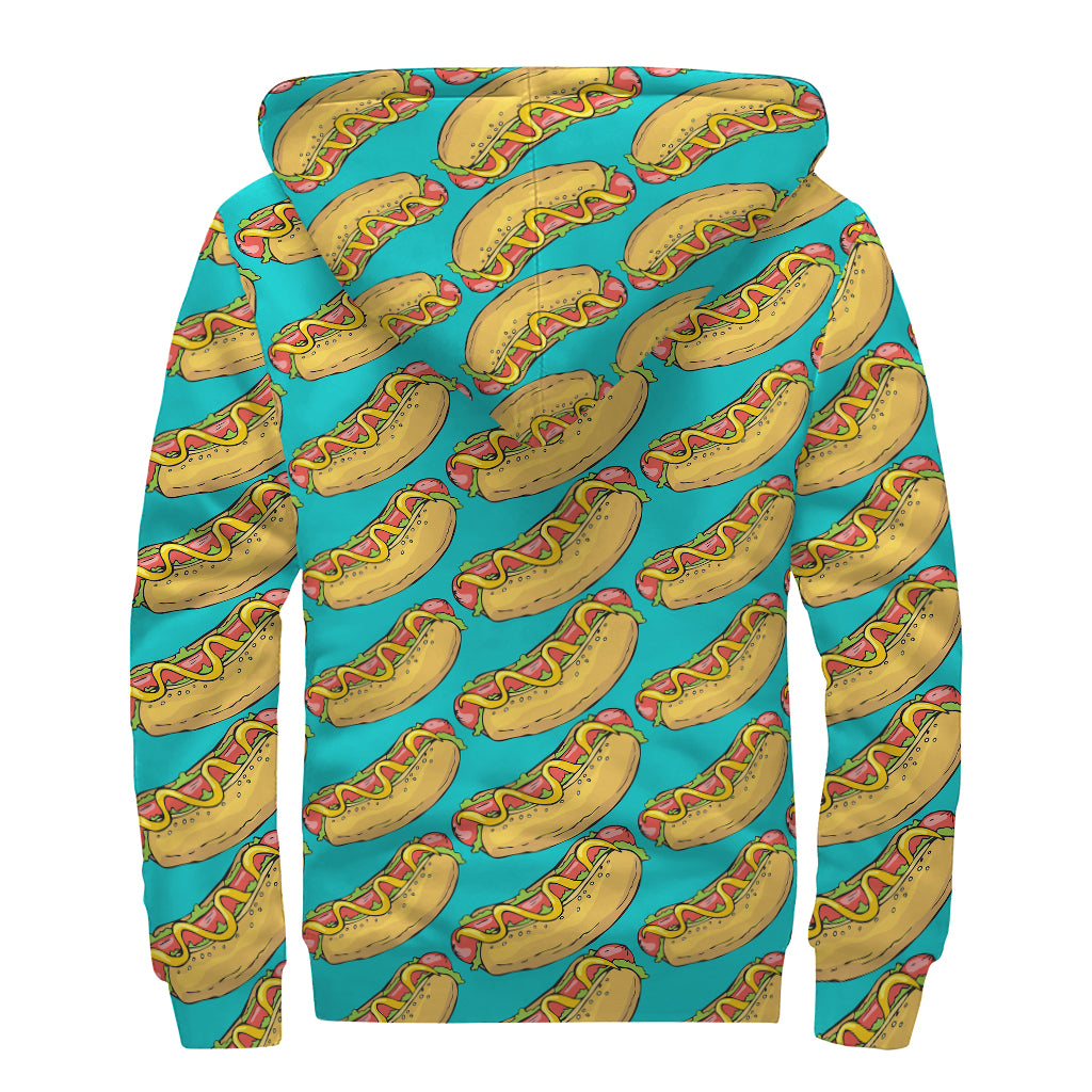 Drawing Hot Dog Pattern Print Sherpa Lined Zip Up Hoodie