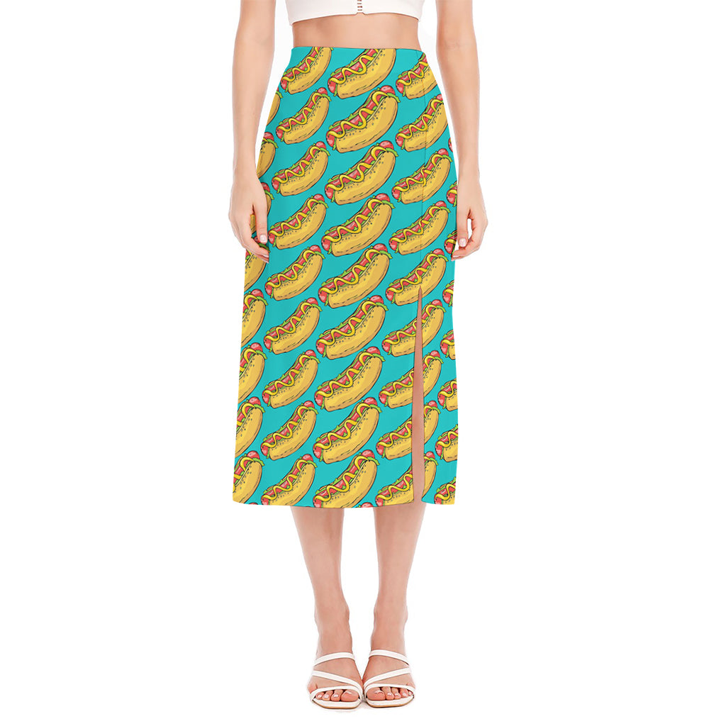 Drawing Hot Dog Pattern Print Side Slit Midi Skirt