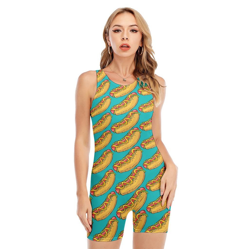 Drawing Hot Dog Pattern Print Sleeveless One Piece Swimsuit