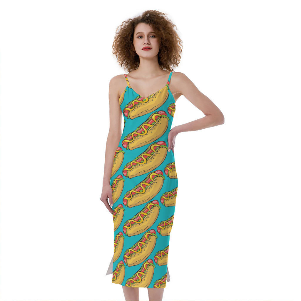 Drawing Hot Dog Pattern Print Slim Fit Midi Cami Dress