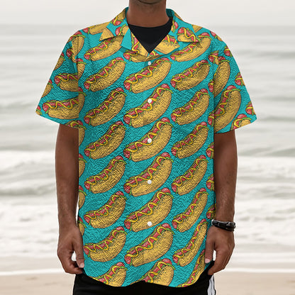 Drawing Hot Dog Pattern Print Textured Short Sleeve Shirt