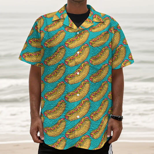Drawing Hot Dog Pattern Print Textured Short Sleeve Shirt