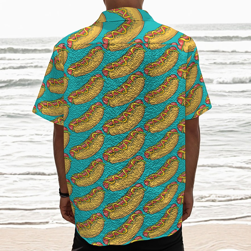 Drawing Hot Dog Pattern Print Textured Short Sleeve Shirt