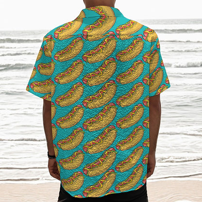 Drawing Hot Dog Pattern Print Textured Short Sleeve Shirt