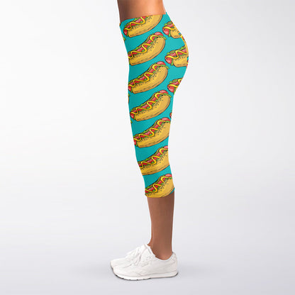 Drawing Hot Dog Pattern Print Women's Capri Leggings