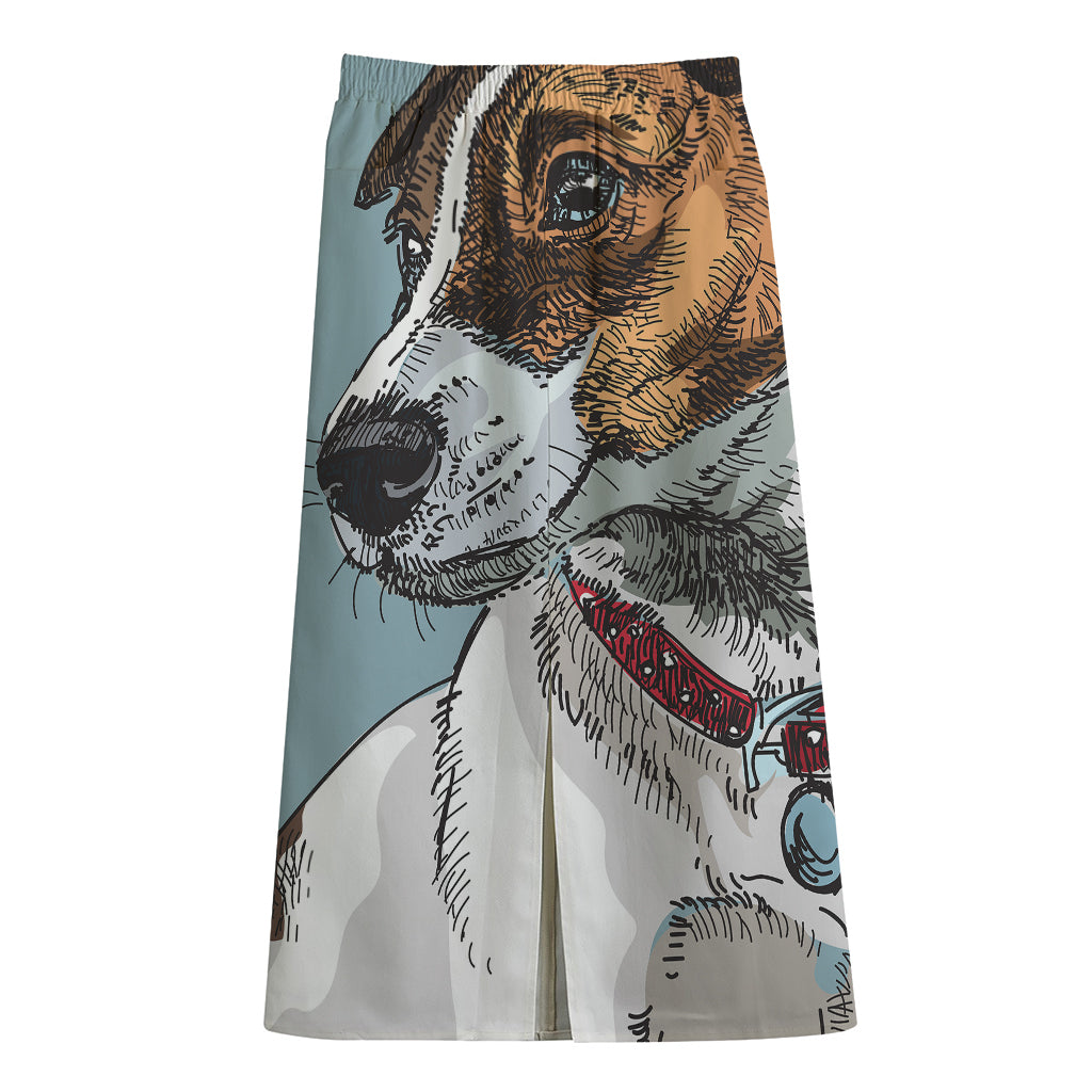 Drawing Jack Russell Terrier Print Cotton Front Slit Maxi Skirt