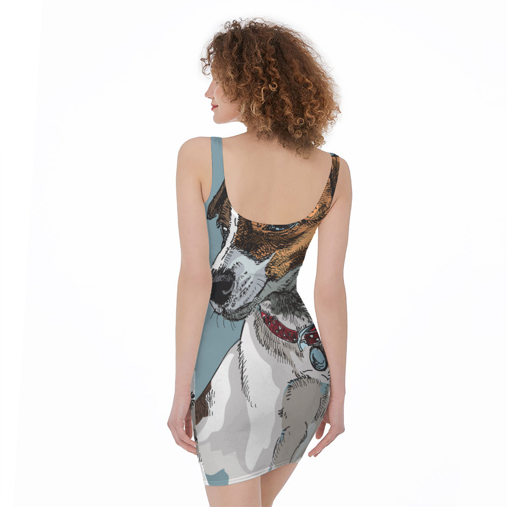 Drawing Jack Russell Terrier Print Sleeveless Bodycon Dress